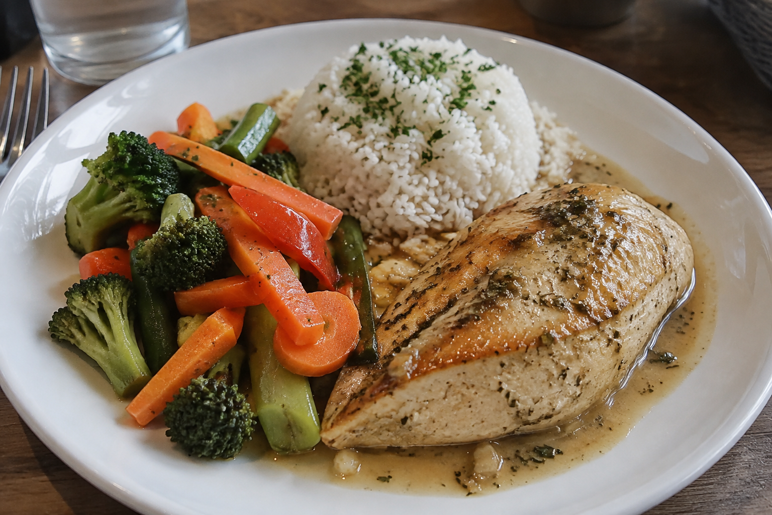 Suprême de poulet, riz blanc et légumes croquants