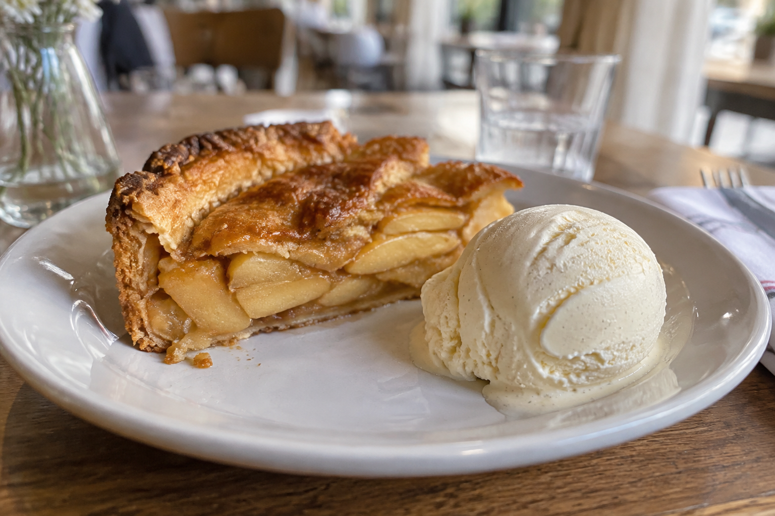 Tarte aux pommes tiède et boule de glace vanille